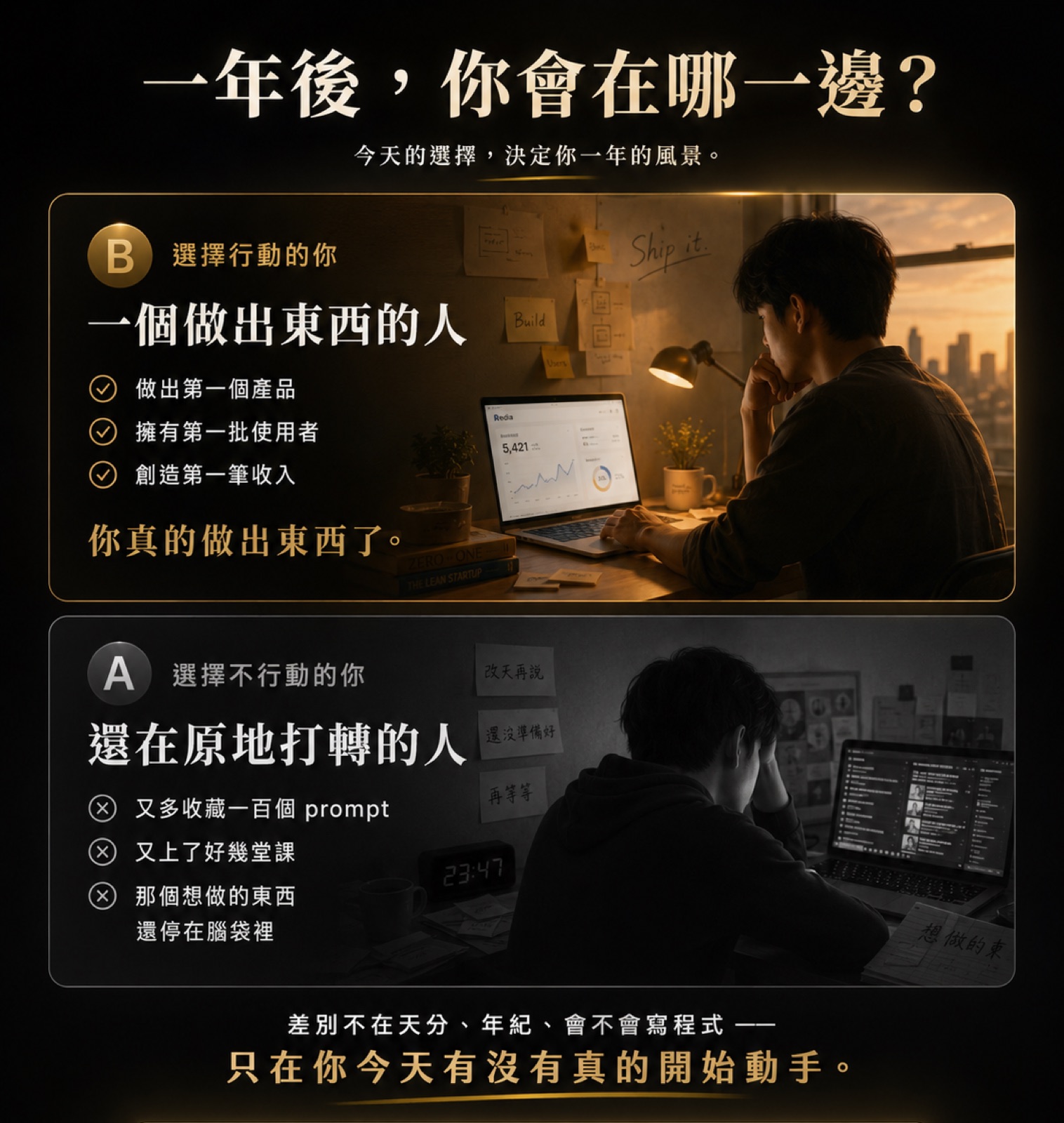 一年後，你會在哪一邊？選擇行動的你，已經做出自己的東西；還在原地的你，又多收藏了一百個 prompt。