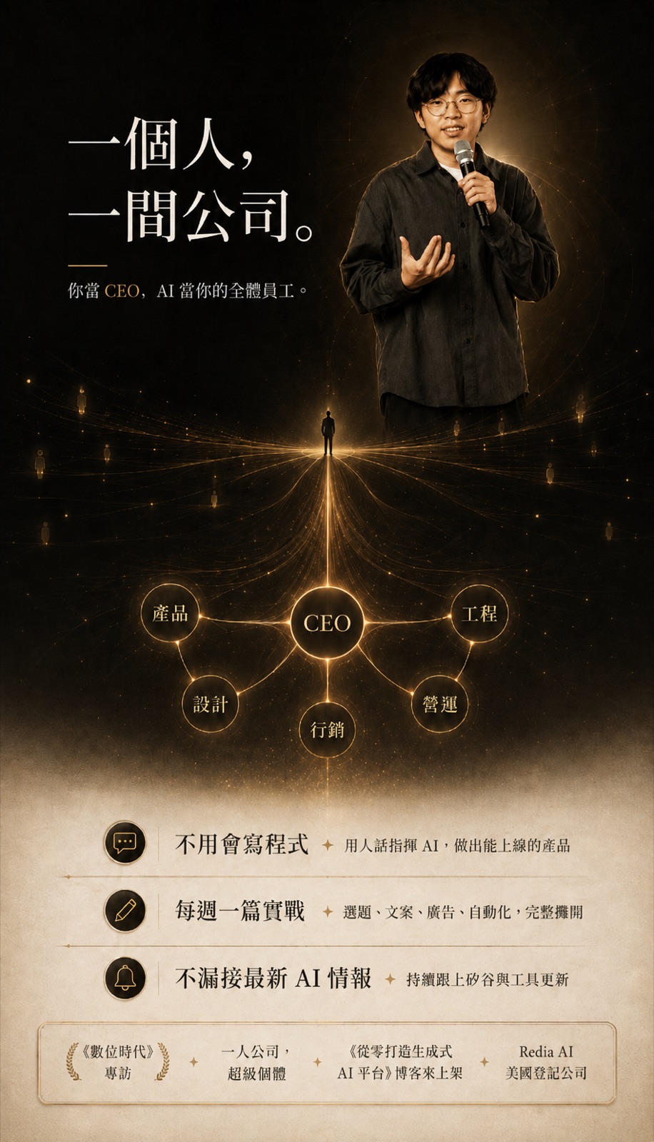 一個人，一間公司。你當 CEO，AI 當你的全體員工。不用會寫程式、每週一篇實戰、不漏接最新矽谷 AI 情報。