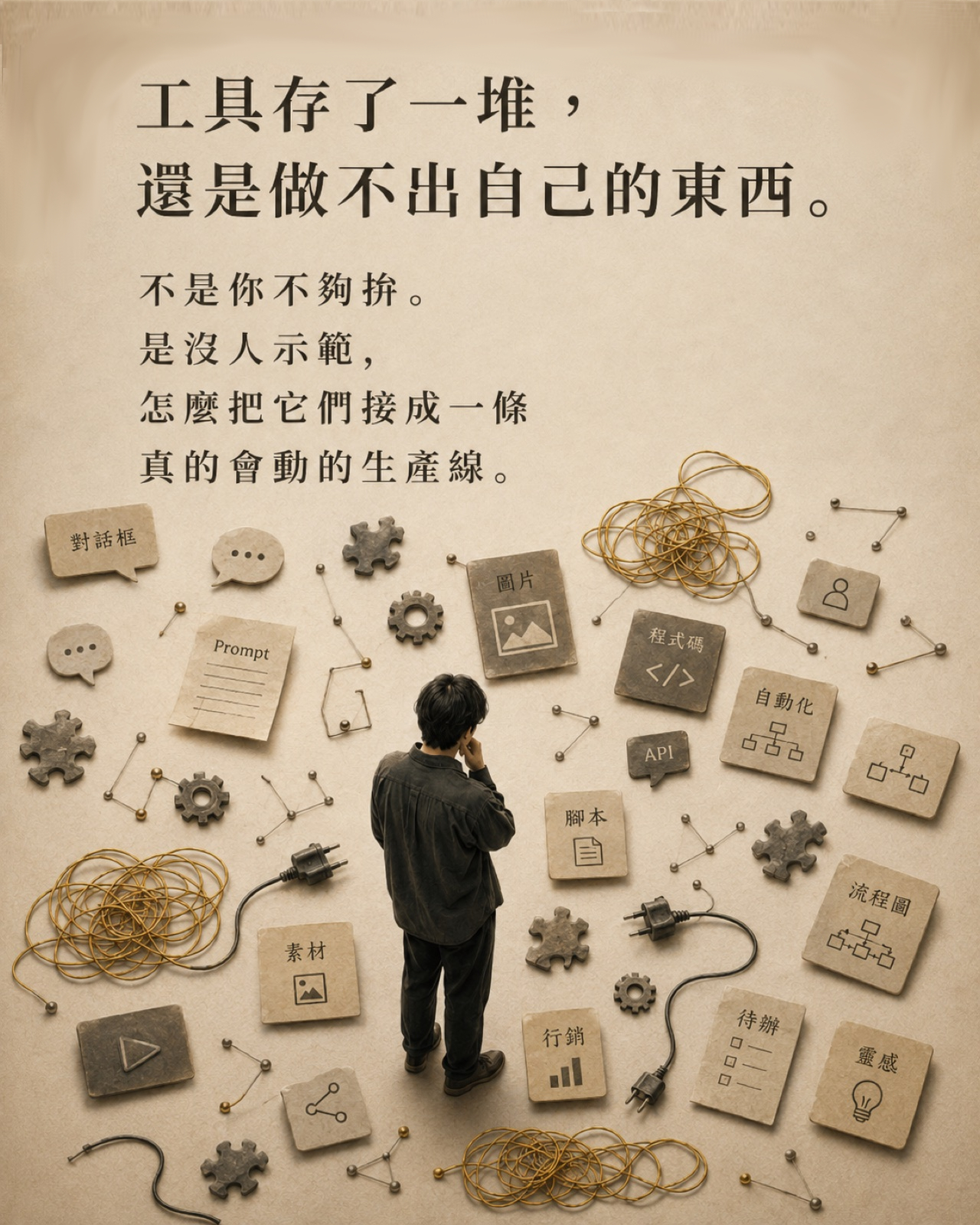 工具存了一堆，還是做不出自己的東西——是沒人示範怎麼把它們接成一條真的會動的生產線。