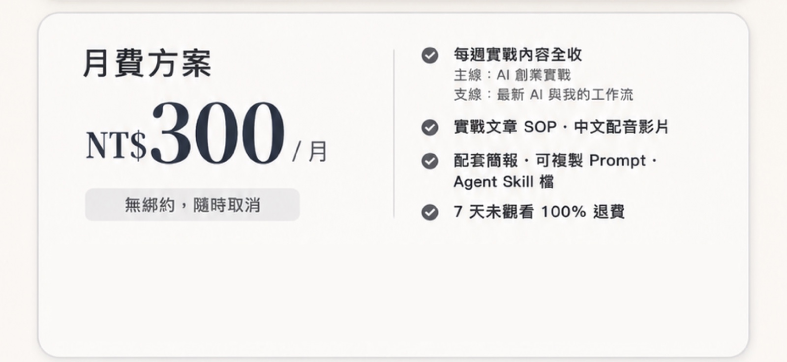 月費方案 NT$300／月，無綁約、隨時取消。