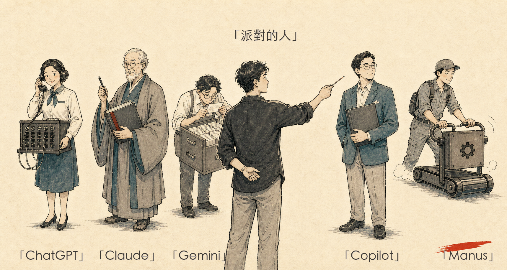 五位 AI 助手 + 派工的人——每個任務派對的工具