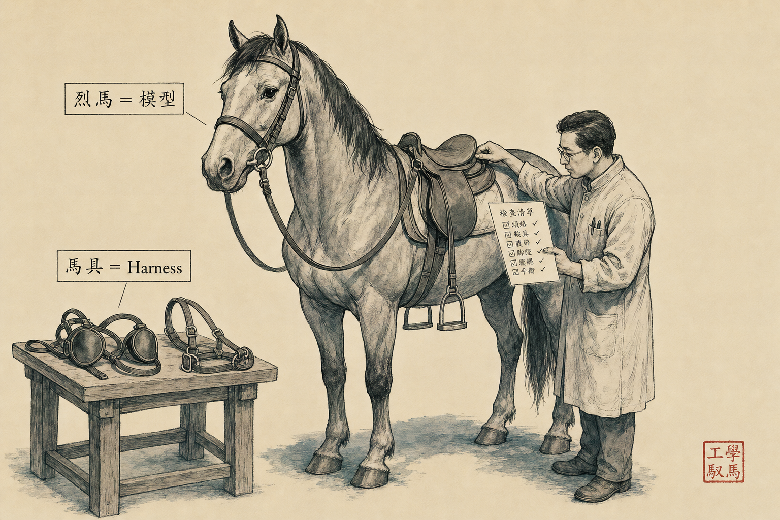 馬具上身——工程師仔細為烈馬套上韁繩、馬鞍、轡頭