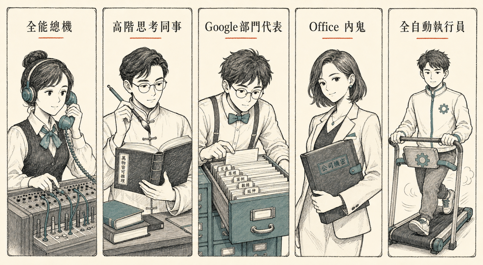 五張角色卡:全能總機、高階思考同事、Google 部門代表、Office 內鬼、全自動執行員