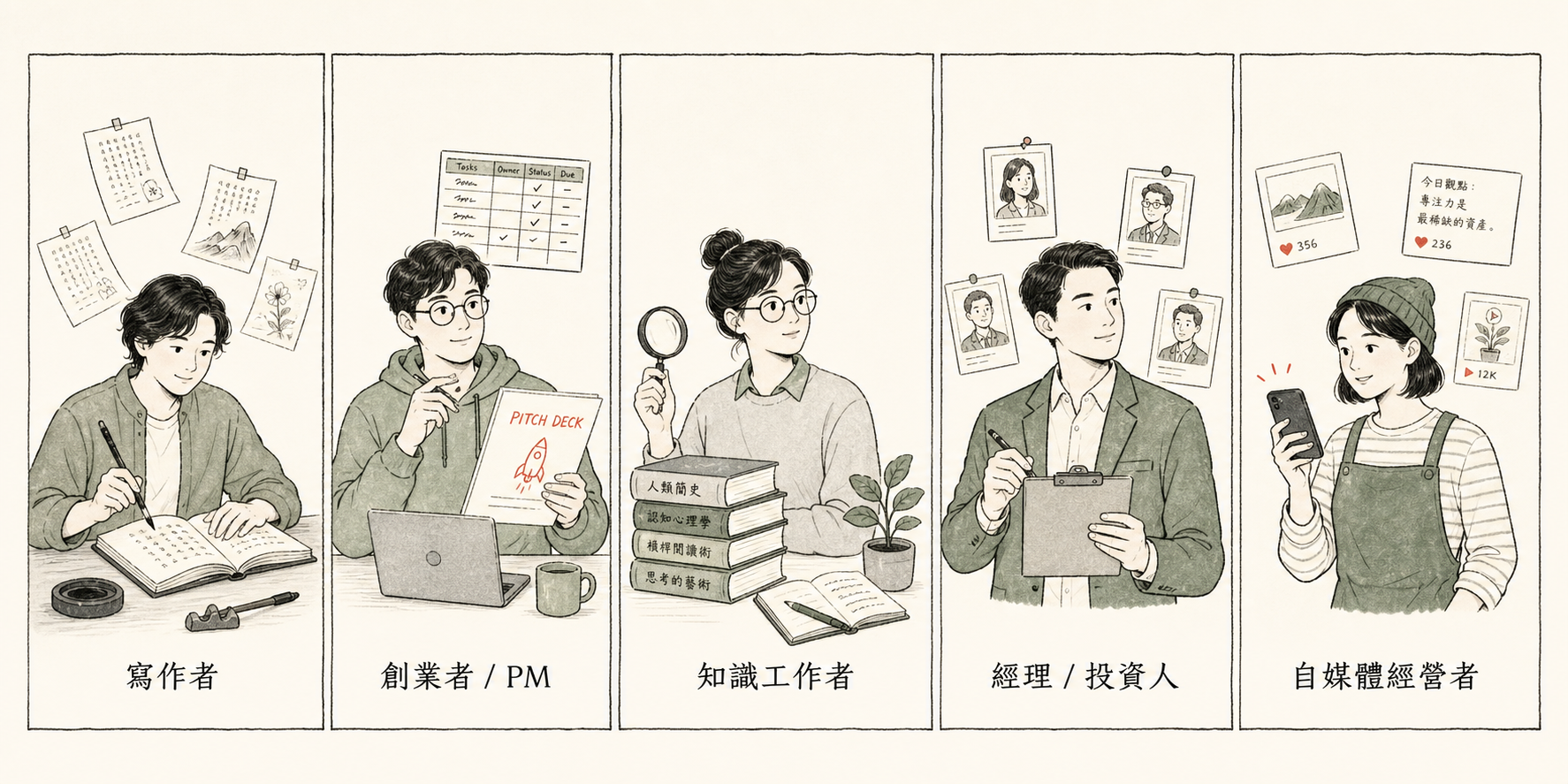 5 類個人化 AI 受眾:寫作者、創業者/PM、知識工作者、經理/投資人、自媒體經營者