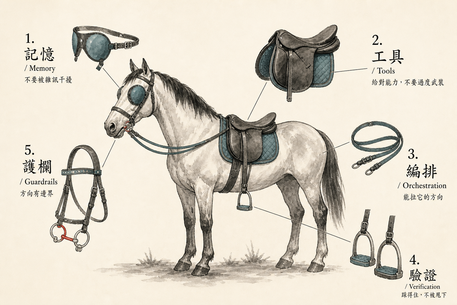 Harness 的 5 個維度：記憶=眼罩、工具=馬鞍、編排=韁繩、驗證=馬鐙、護欄=轡頭