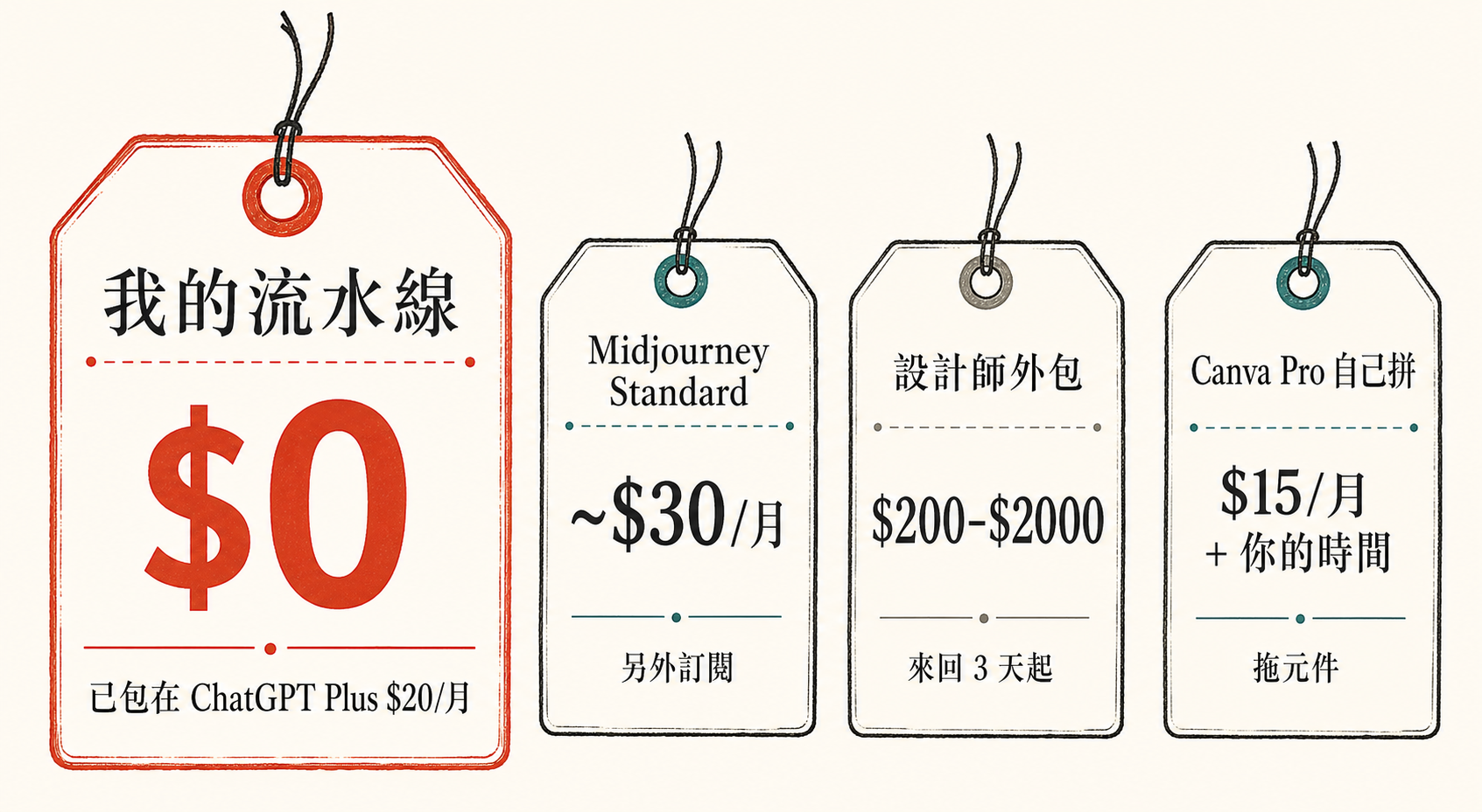 成本對照：$0 vs Midjourney $30/月 vs 設計師外包 $200-$2000 vs Canva Pro $15+你的時間