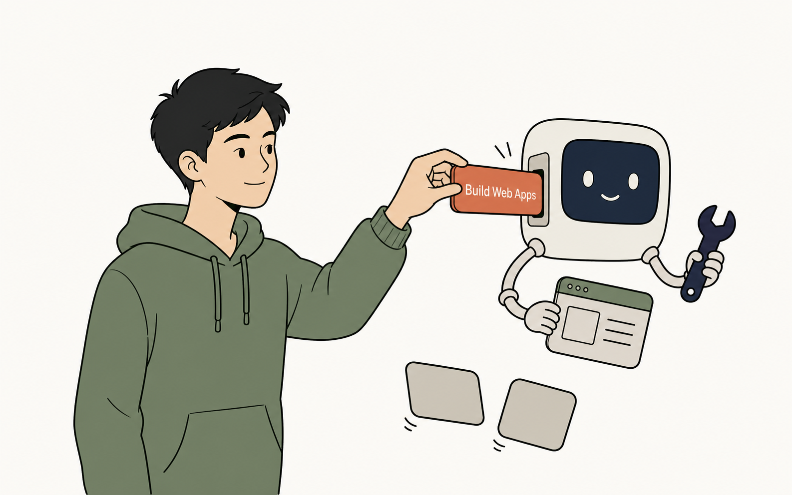 主角伸手把一張「Build Web Apps」工具卡片扣進身旁的 AI 小視窗,像幫 AI 裝上手腳——裝上外掛,AI 才有能力把網站做出來 | image_type: illustration